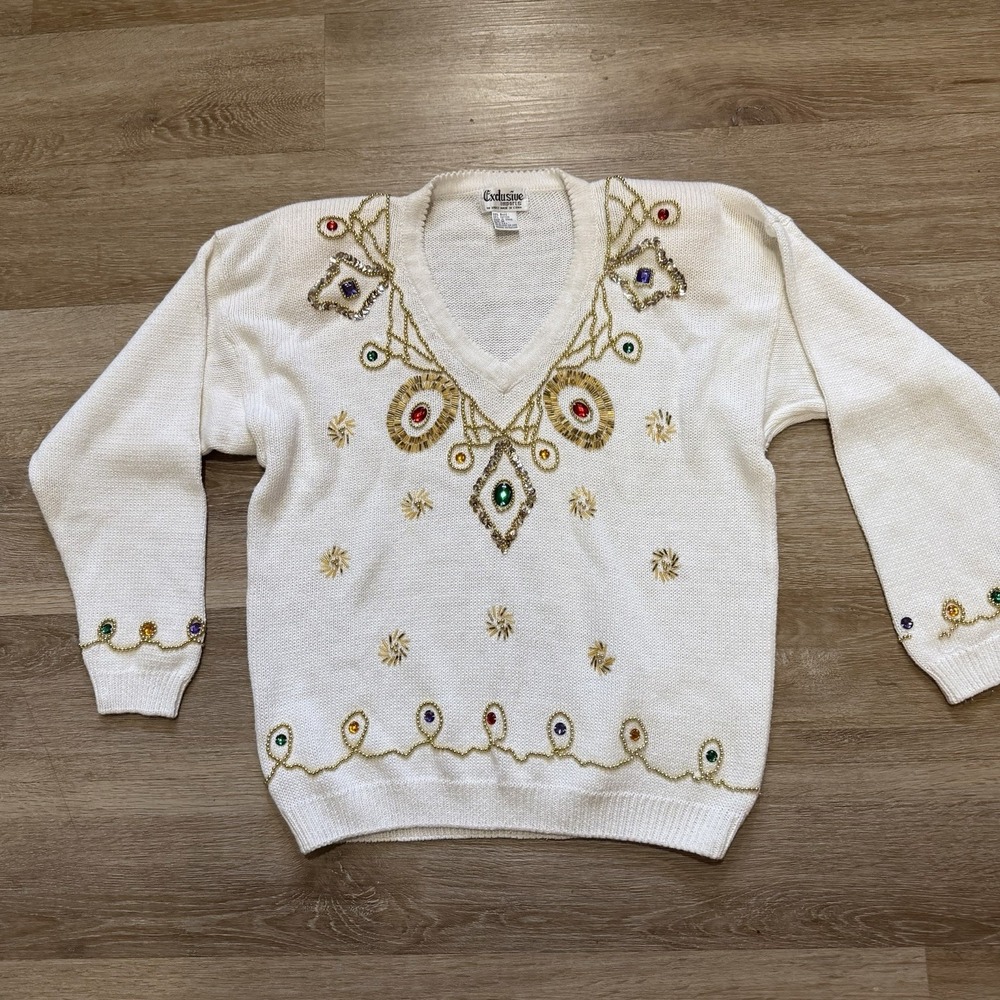 VTG Exclusive Imports 80s 90s Sweater Off White Gold Multi Color Sequins Women M